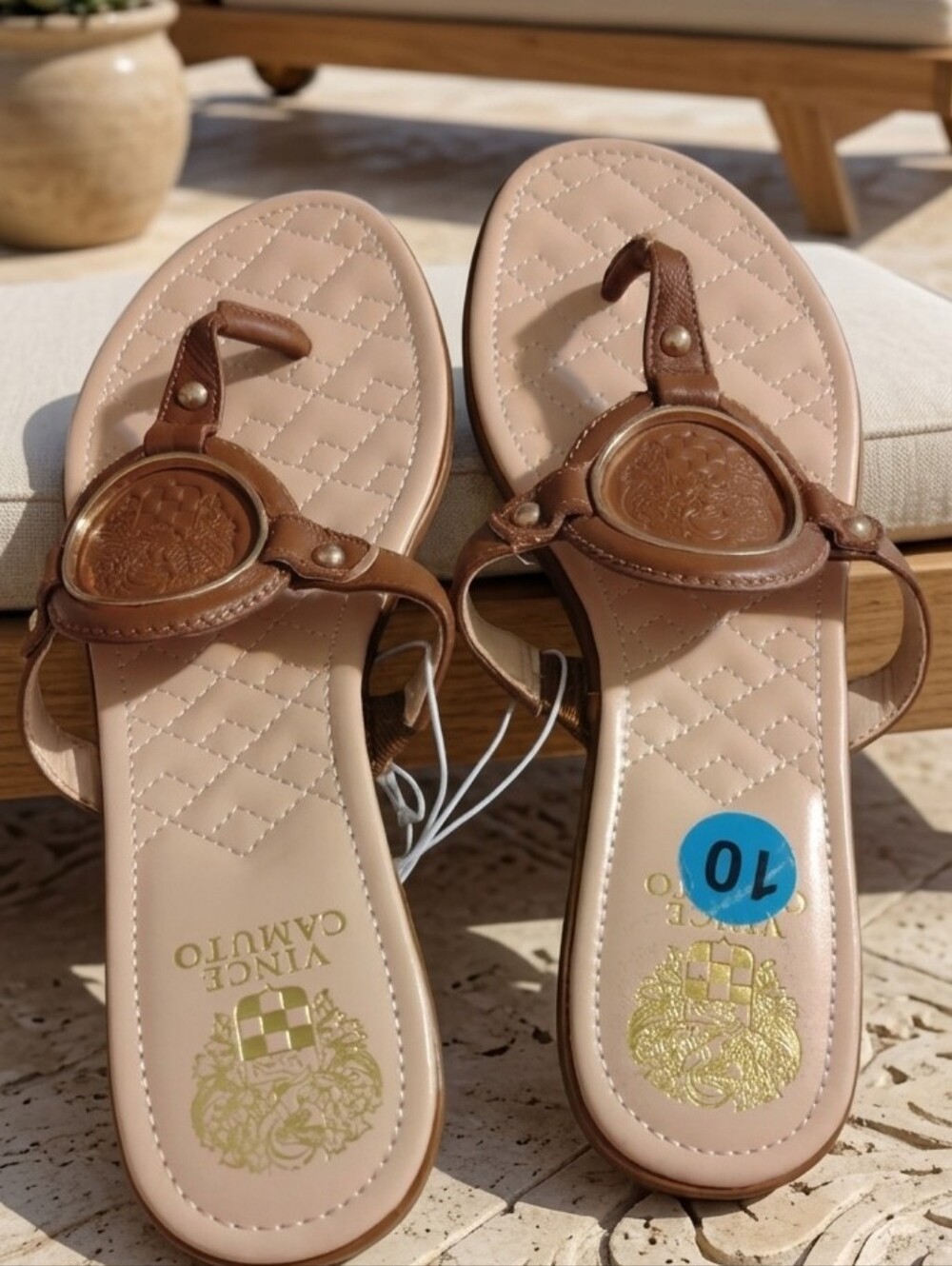 Vince Camuto Brown Leather Thong Sandals with Quilted Nude Insole